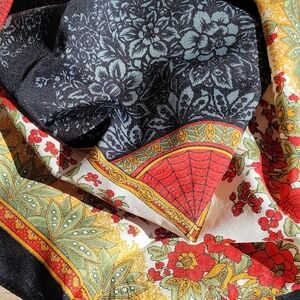 Glentex VintageFloral Patterned Scarf - Black, Red, Yellow 30 Inches Square